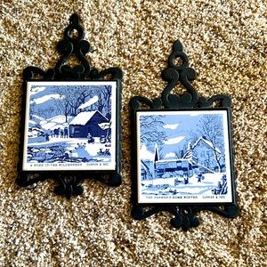 Vintage Currier and Ives Homestead Winter Tile Trivet Cast Iron Blue and White